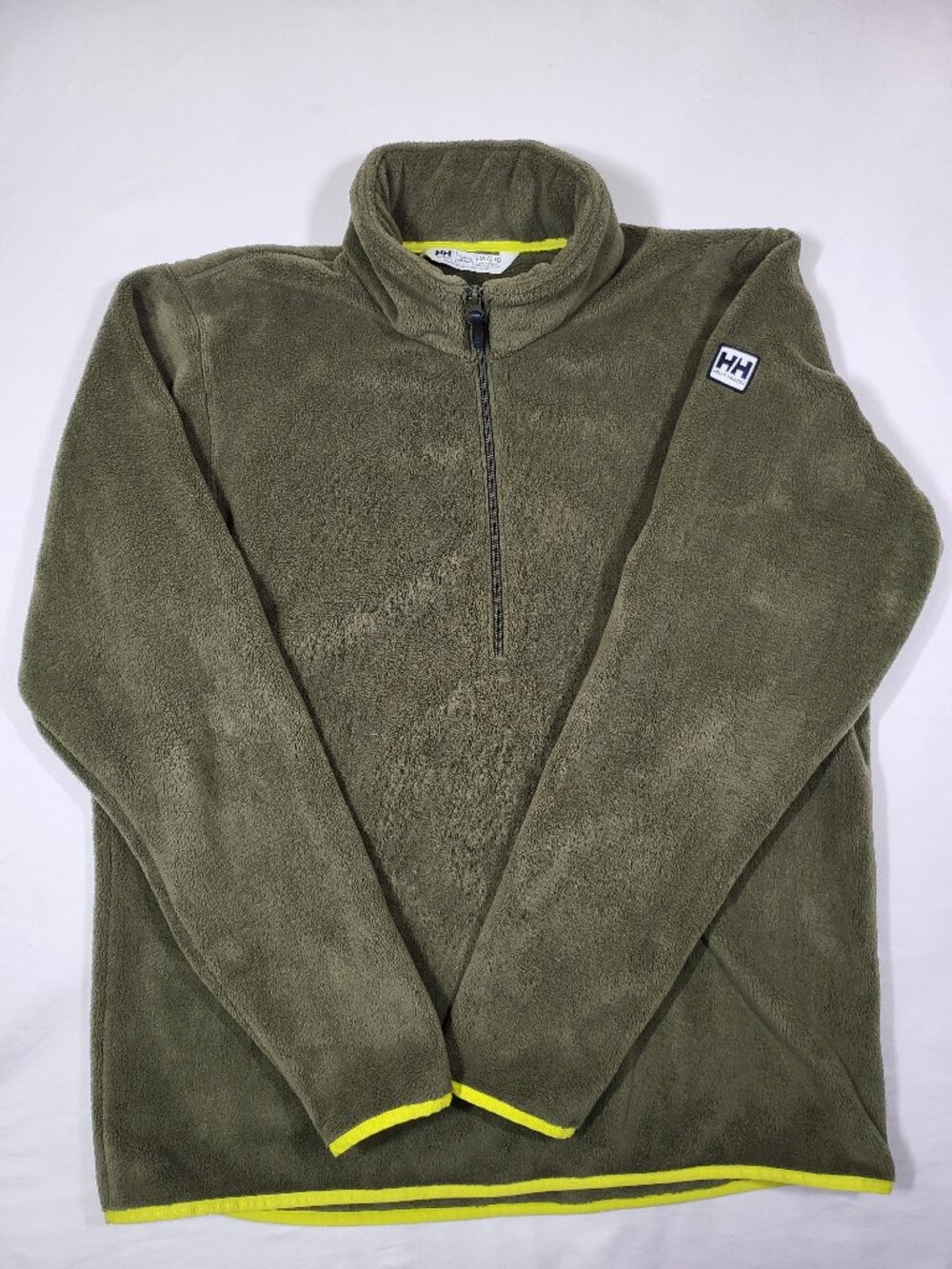 Helly Hansen Mens 2XL Fleece Pullover 1/2 Zip Olive Green Neon Trim High Pile